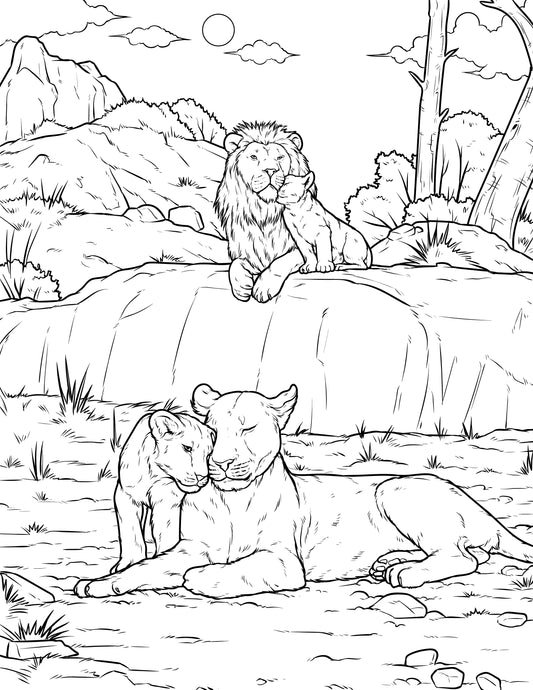 Single Coloring Book Page - Lioness, Male Lion, and Cubs - Digital Print-from-Home