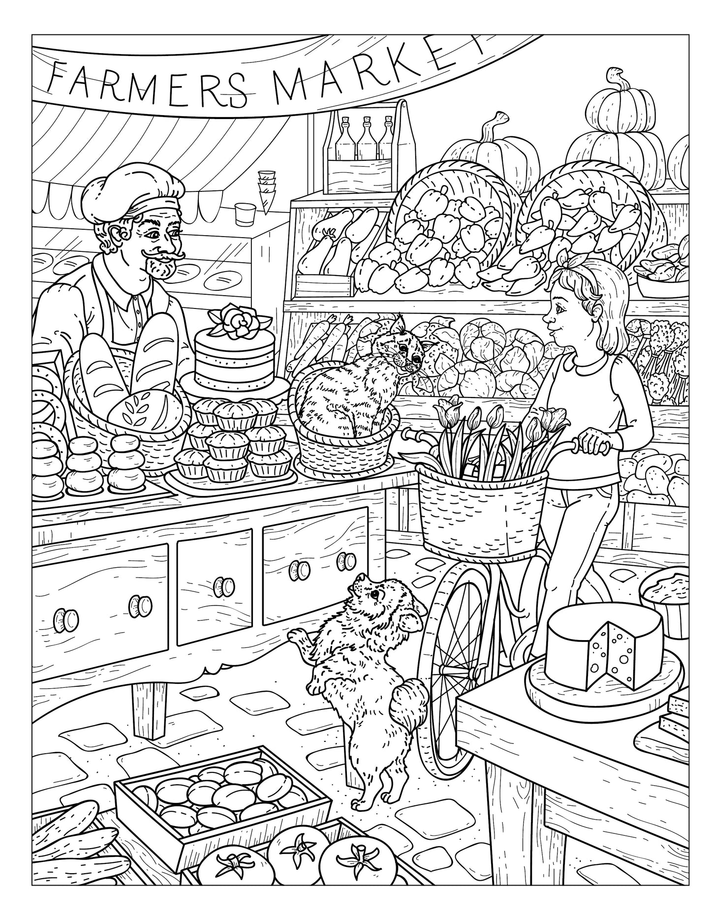 Single Coloring Book Page - Winston & Whiskers, Adventure One - At the Farmer's Market