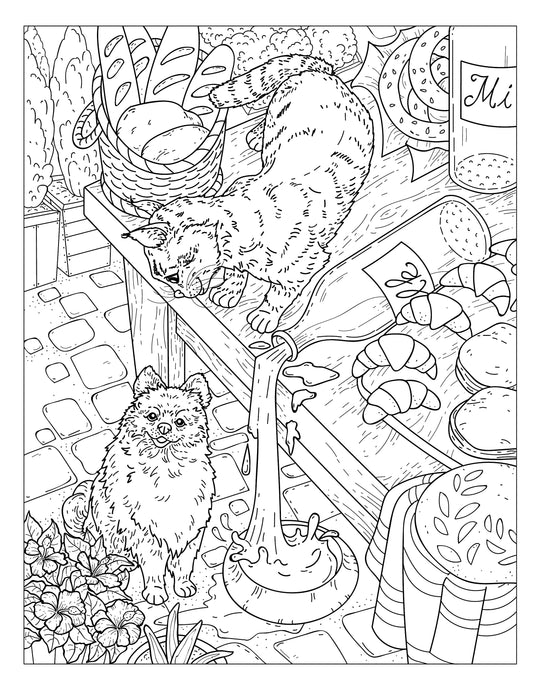Single Coloring Book Page - Winston & Whiskers, Adventure One - A Bowl of Milk