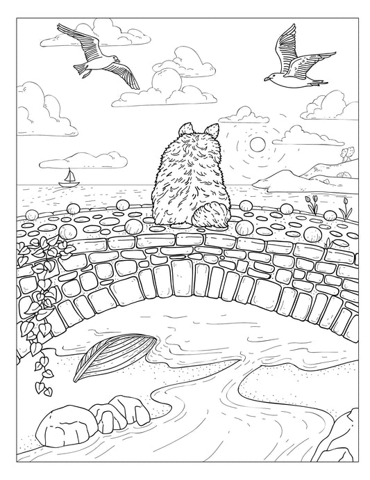 Single Coloring Book Page - Winston & Whiskers, Adventure One - Enjoying the Sunset