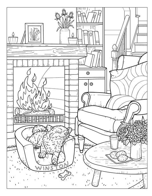 Single Coloring Book Page - Winston & Whiskers, Adventure One - A Snooze by the Fire