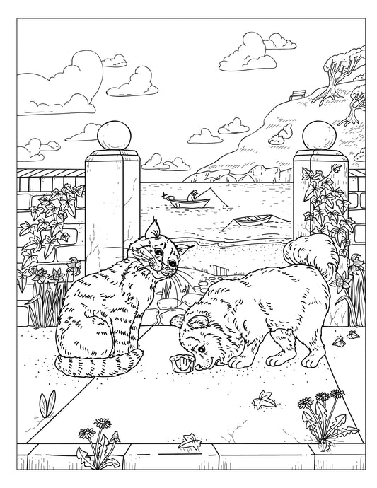 Single Coloring Book Page - Winston & Whiskers, Adventure One - Sharing Snacks