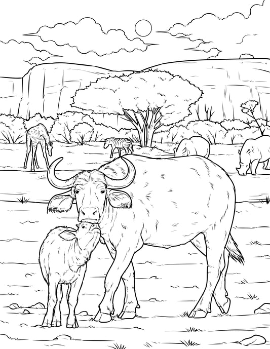 Single Coloring Book Page - Cape Buffalo and Calf - Digital Print-from-Home
