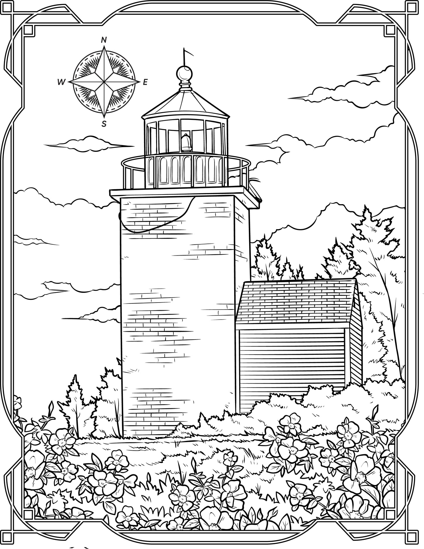 Single Coloring Book Page - Deer Island Thorofare (Mark Island) Lighthouse, Maine - Digital Print-from-Home