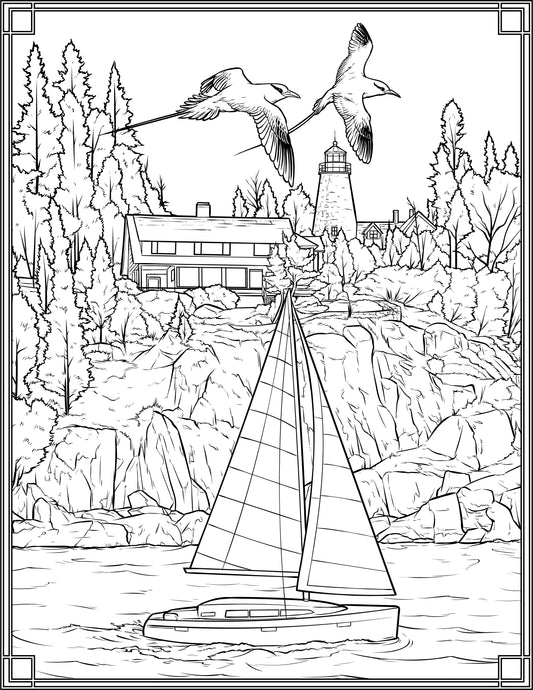 Single Coloring Book Page - Dice Head Lighthouse, Maine - Digital Print-from-Home