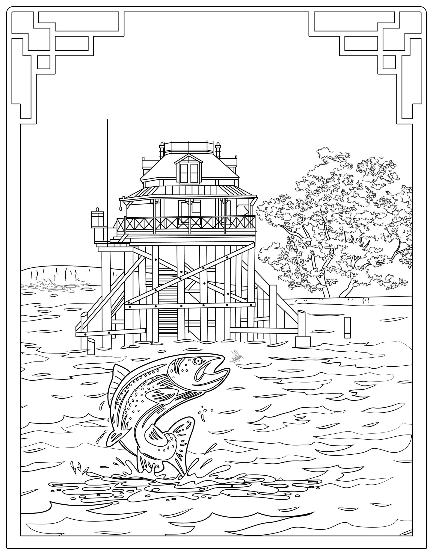 Single Coloring Book Page - Willamette River Lighthouse, Oregon - Digital Print-from-Home