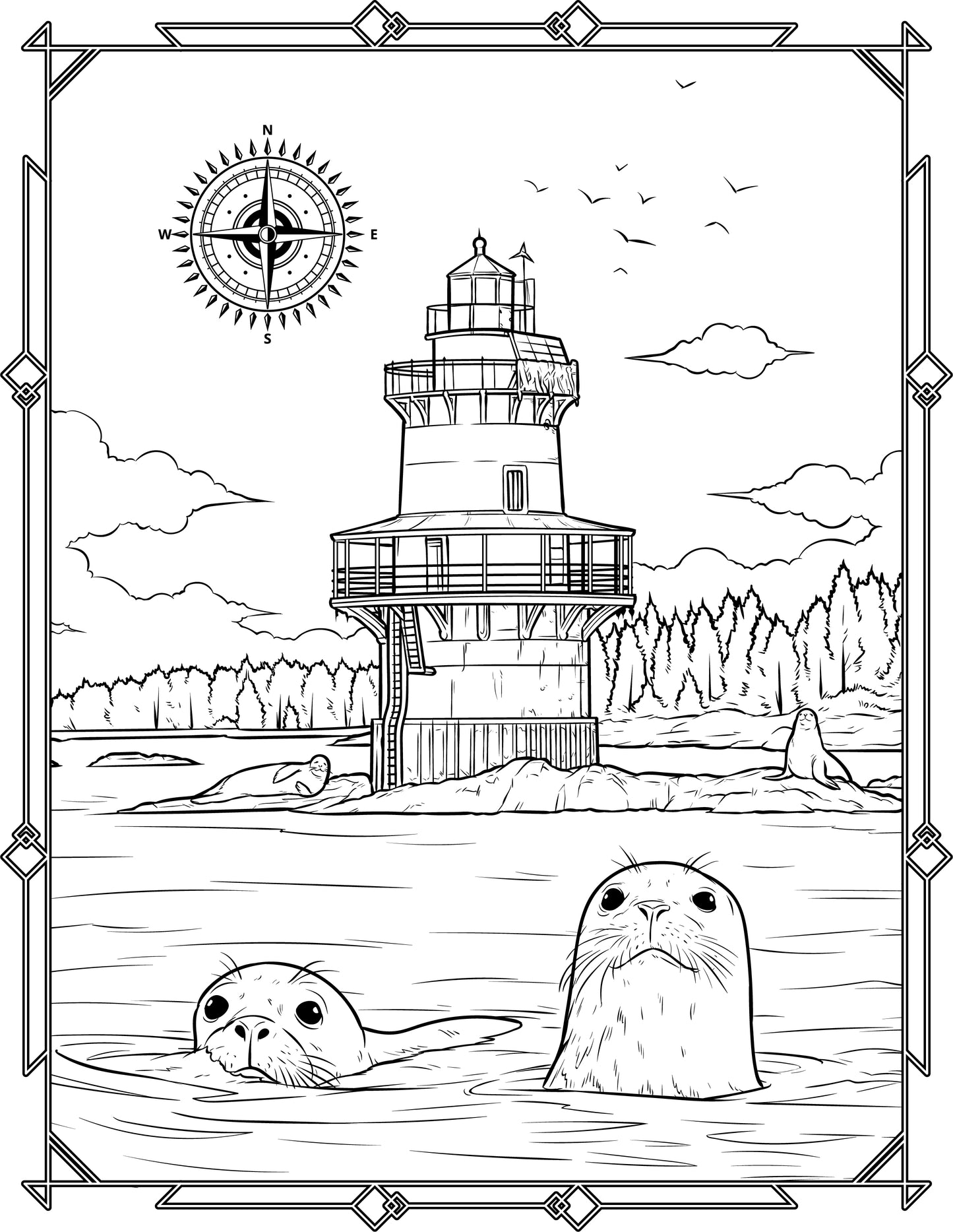 Single Coloring Book Page - Goose Rock Lighthouse, Maine - Digital Print-from-Home