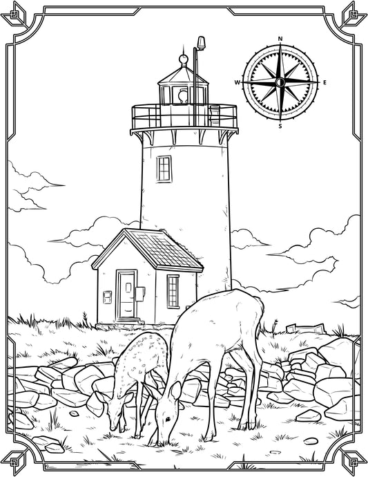 Single Coloring Book Page - Great Duck Island Lighthouse, Maine - Digital Print-from-Home
