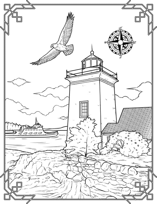 Single Coloring Book Page - Grindel Point Lighthouse, Maine - Digital Print-from-Home