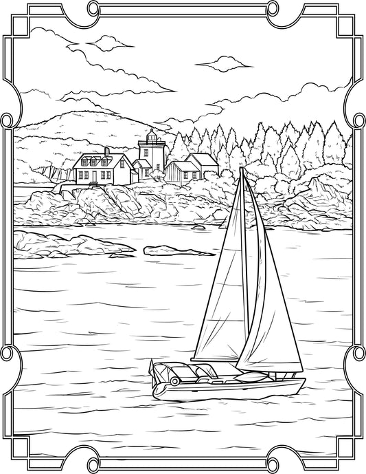 Single Coloring Book Page - Indian Island Lighthouse, Maine - Digital Print-from-Home