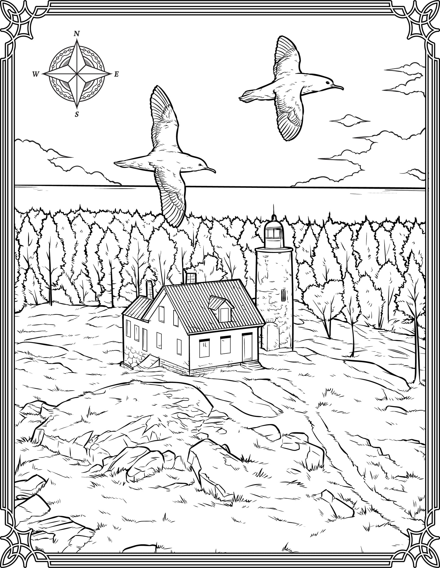 Single Coloring Book Page - Baker Island Lighthouse, Maine - Digital Print-from-Home