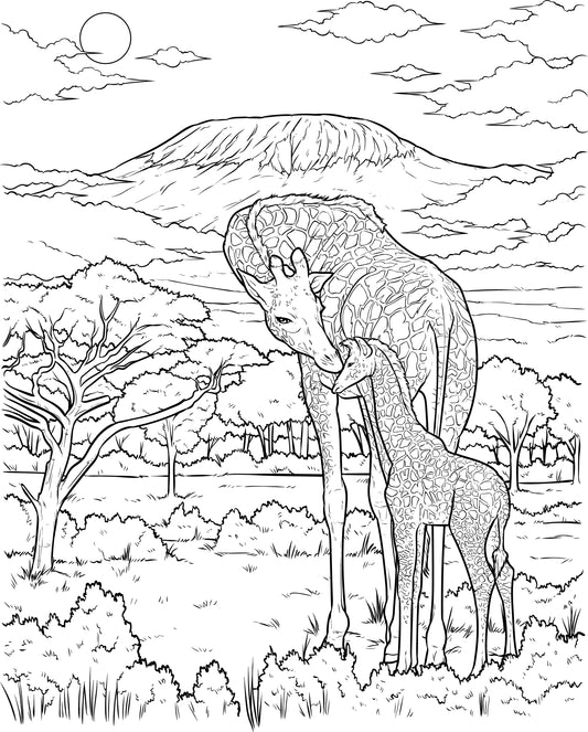 Single Coloring Book Page - Giraffe and Calf - Digital Print-from-Home