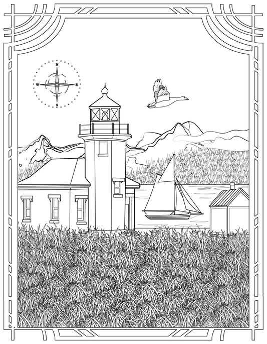 Single Coloring Book Page - Point Robinson Lighthouse, Washington - Digital Print-from-Home