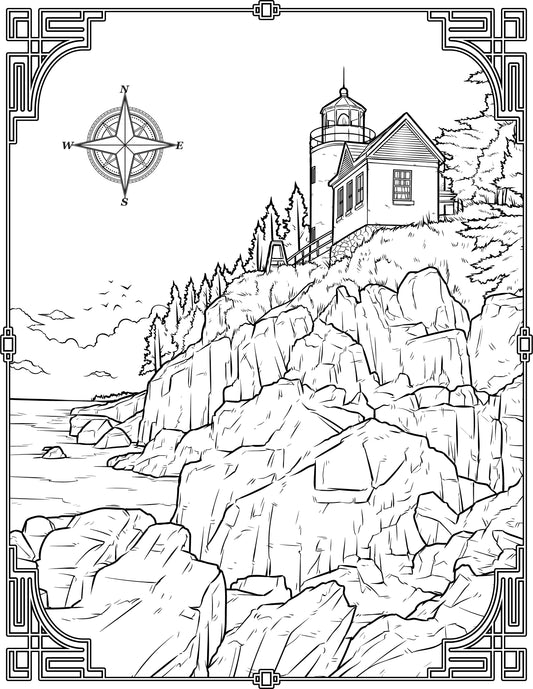 Single Coloring Book Page - Bass Harbor Head Lighthouse, Maine - Digital Print-from-Home