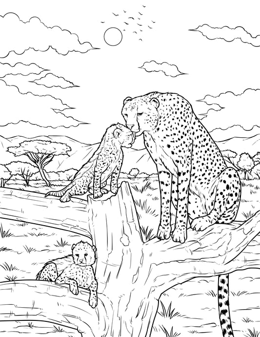 Single Coloring Book Page - Cheetah and Cubs - Digital Print-from-Home