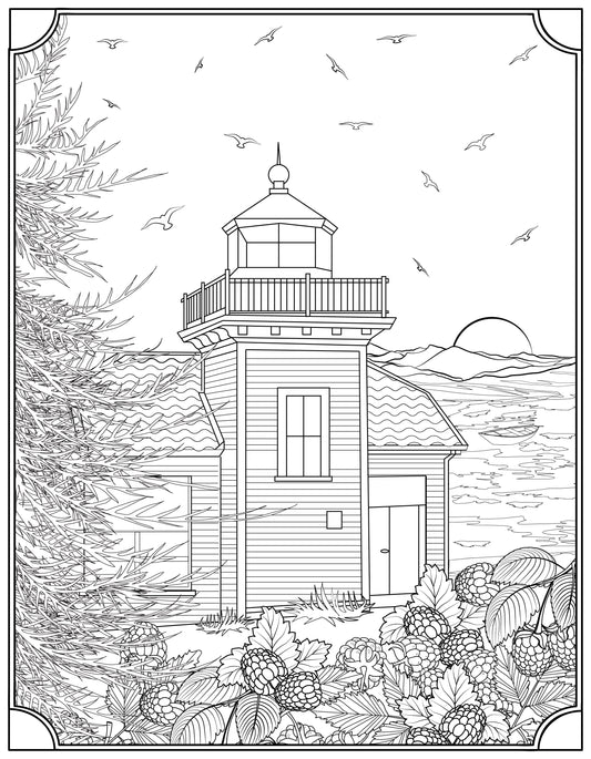 Single Coloring Book Page - Burrow's Island Lighthouse, Washington - Digital Print-from-Home