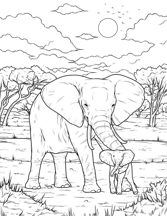 Single Coloring Book Page - Elephant and Calf - Digital Print-from-Home