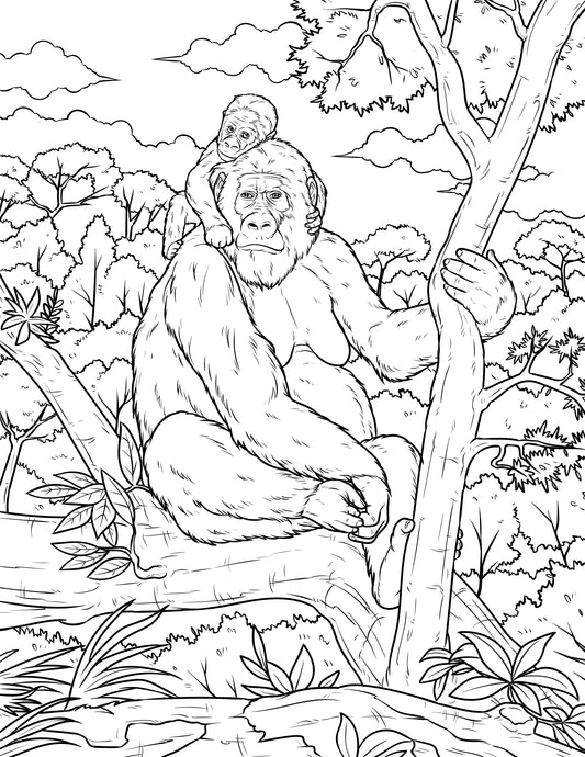 Single Coloring Book Page - Gorilla and Baby - Digital Print-from-Home