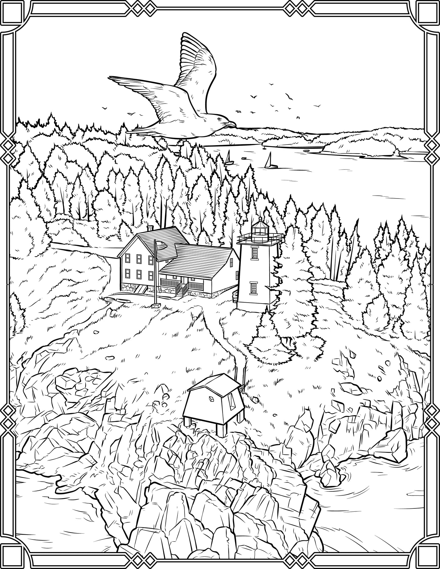 Single Coloring Book Page - Burnt Coat Harbor (Hockamock Head) Lighthouse, Maine - Digital Print-from-Home