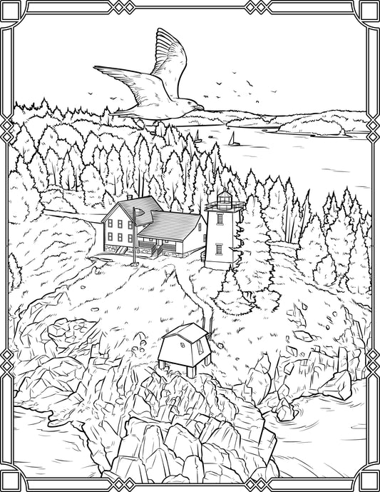 Single Coloring Book Page - Burnt Coat Harbor (Hockamock Head) Lighthouse, Maine - Digital Print-from-Home