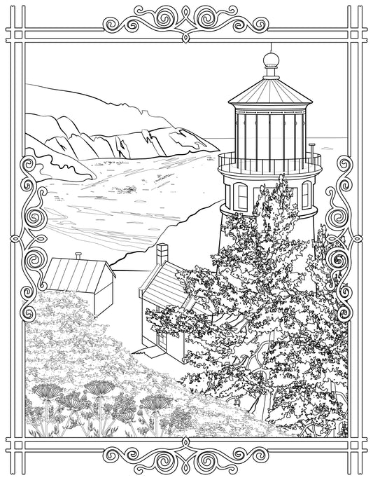 Single Coloring Book Page - Heceta Head Lighthouse, Oregon - Digital Print-from-Home