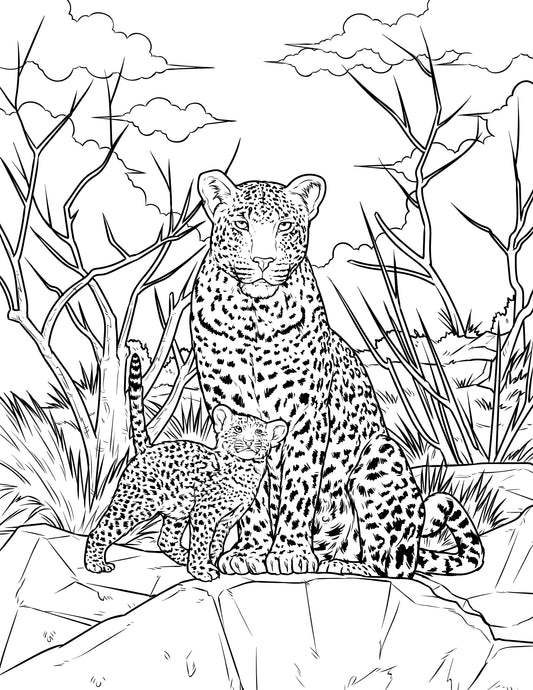 Single Coloring Book Page - Leopard and Cub - Digital Print-from-Home