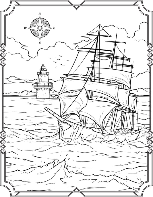Single Coloring Book Page - Crabtree Ledge Lighthouse, Maine - Digital Print-from-Home