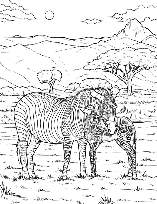 Single Coloring Book Page - Zebra and Colt - Digital Print-from-Home