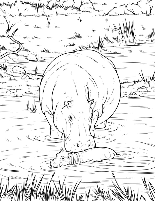 Single Coloring Book Page - Hippo and Calf - Digital Print-from-Home